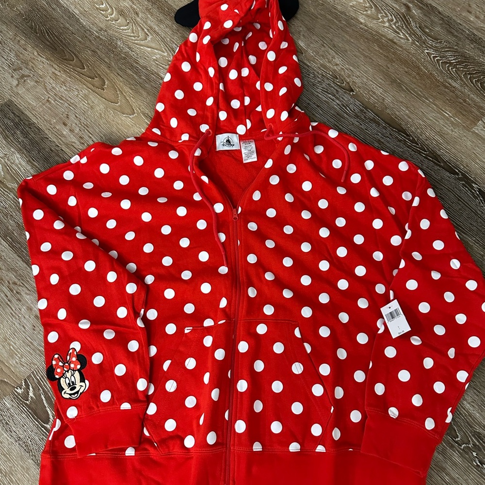 NWT Minnie Mouse Disney Red/White Polka Dot Hoodie/Jacket. Women’s sz Large